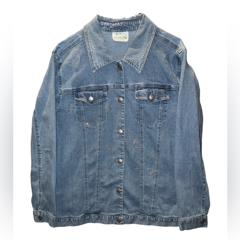 Quacker Factory size XL Embellished Denim Jean Jacket Rhinestone Hearts